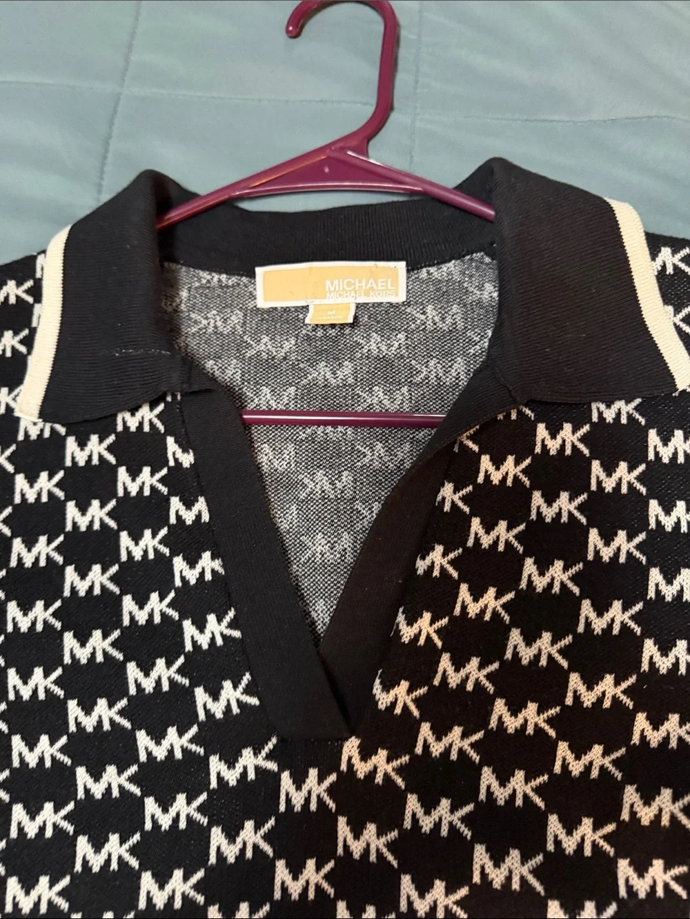 Michael Kors Black & White All-Over MK Logo Polo